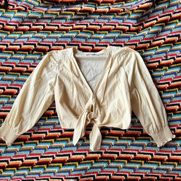 Abercrombie & Fitch Tie Front Top Cotton Yellow Medium Puff Sleeve - Picture 4 of 6